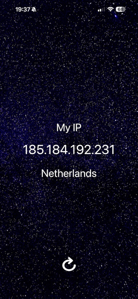 MyIP app showing public IP and country