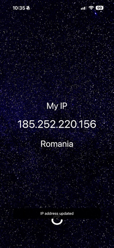 MyIP app showing refreshed public IP and country